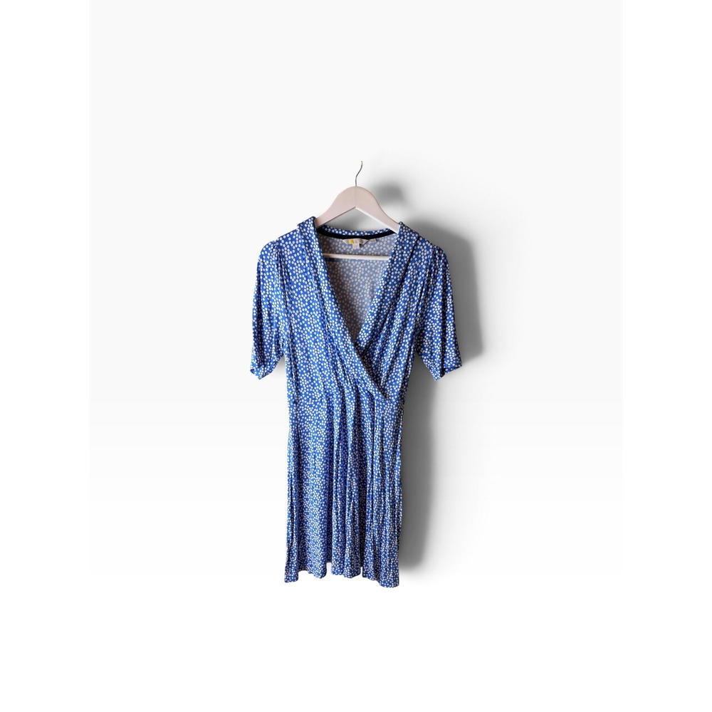 Boden Cornflower Blue White Polka Dot Jersey Wrap Dress Short Sleeve US 8R D0112
